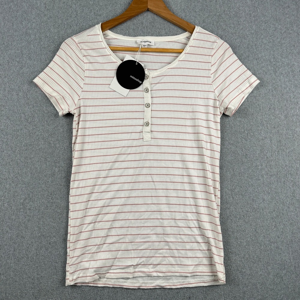 Mittoshop Top Womens S C12041 Ivory Mauve Striped Ribbed Henley NEW